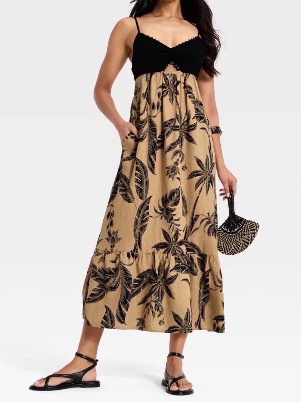 Black & Tan Tropical-Print Spaghetti-Strap Maxi Dress